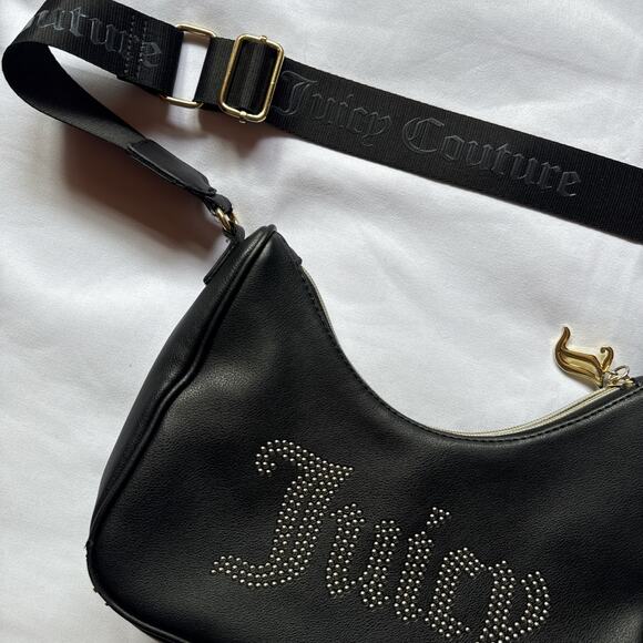 Juicy Couture Black Crossbody Bag Rhinestone Logo Adjustable Designer Minimal - Picture 3 of 8